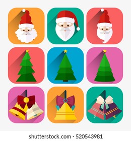 new year icon set of santa, christmas tree and christmas bell, flat design style