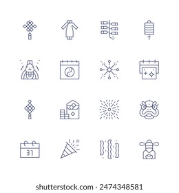 New year icon set. Thin line icon. Editable stroke. Containing amulet, bonus, calendar, chinesenewyear, confetti, fireworks, godofwealth, lionhead, newyear.