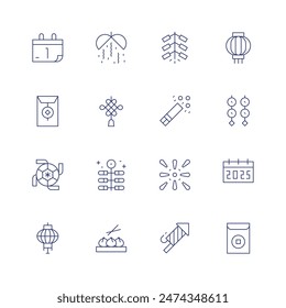 New year icon set. Thin line icon. Editable stroke. Containing ball, calendar, chineseknot, chineselantern, chinese, confetti, dimsum, firecracker, fireworks.