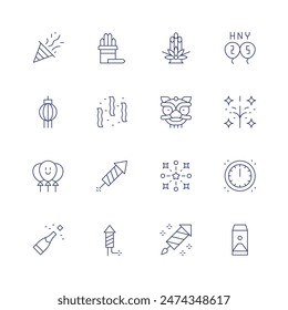 New year icon set. Thin line icon. Editable stroke. Containing balloons, chineselantern, confetti, fireworks, happynewyear, kadomatsu, kauchim, liondance, midnight.