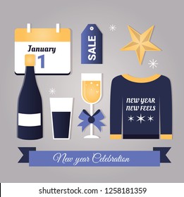 New year icon set. New Year is the time or day at which a new calendar year begins and the calendar's year count increments by one.