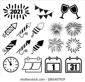 New year icon, symbol set. Silhouette and outline shapes. Vector illustration isolated on white background