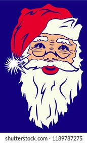 New Year icon. Template.  Flat color style. A Christmas portrait of Santa Claus. Santa Claus with beard and glasses. Silhouette isolated on dark blue background. Sketch. Die cut. Shape.