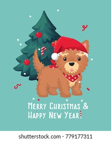 New Year Icon vector clipart Yorkshire Terrier dog. Puppy in Christmas hat Santa Claus. Behind the dog is a Christmas tree with toys.