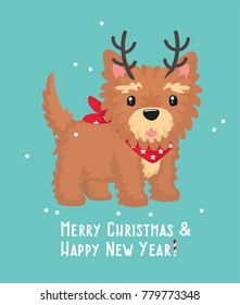 New Year Icon Yorkshire Terrier dog. Puppy with reindeer antlers. Text: Merry Christmas and a Happy New Year!