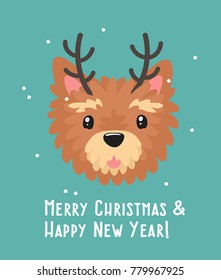 New Year Icon Yorkshire Terrier dog. Puppy with reindeer antlers. Text: Merry Christmas and a Happy New Year!