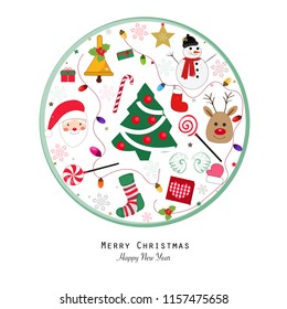 New year icon.Happy new year and merry christmas greeting card. Santa claus, Snow man, Light bulb, Candy