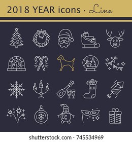 New Year icons. 2018 the year of the dog icons set. Christmas party elements. New Year Outline pictograms for web site design and mobile apps. Winter holidays vector illustration. Editable stroke.