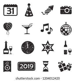 New Year Icons. Black Scribble Design. Vector Illustration.