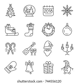 New Year icons. Christmas party elements. Outline pictograms for web site design and mobile apps. Winter holidays vector illustration. Editable stroke.