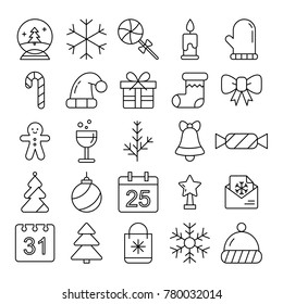 New Year icons. Christmas party elements. New Year Outline pictograms for web site design and mobile apps.