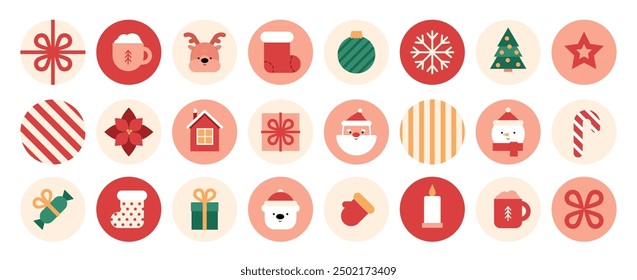 New Year icons in circles. Christmas labels with traditional symbols. Geometric graphics. Scandinavian cozy vector illustrations set. Cute Santa, deer face, white bear and snowman, candies, hot drink.