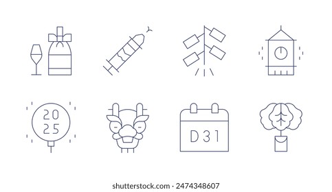 New year icons. Editable stroke. Containing balloon, champagne, confetti, december, dragon, firecrackers, lettuce, midnight.