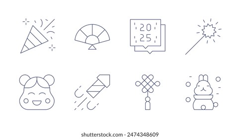 New year icons. Editable stroke. Containing chinesemask, confetti, fan, fireworks, knot, newyear, rabbit, sparkler.