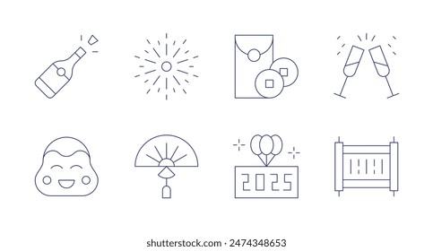 New year icons. Editable stroke. Containing champagne, chinesemask, fan, fireworks, newyear, redenvelope, scroll, toast.