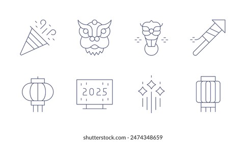 New year icons. Editable stroke. Containing chineselantern, confetti, dragon, fireworks, liondance, paperlantern, rocket, television.