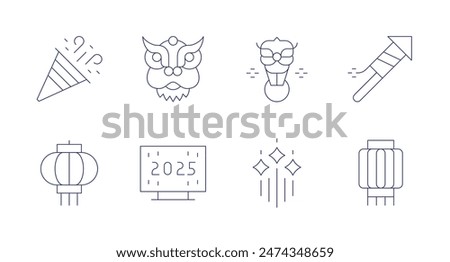 New year icons. Editable stroke. Containing chineselantern, confetti, dragon, fireworks, liondance, paperlantern, rocket, television.