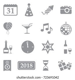 New Year Icons. Gray Flat Design. Vector Illustration. 