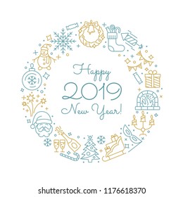 New Year icons. Happy New Year 2018 Frame. Elegant minimal design in the style of a thin line art. Christmas party elements. Outline pictograms for web site design and mobile apps. Editable stroke.