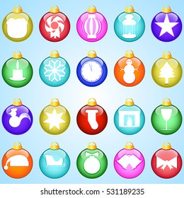 New year icons on colored balloons blue background