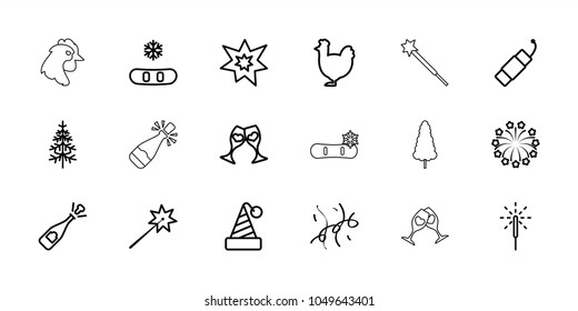 New Year icons. set of 18 editable outline year icons: chicken, opened champagne, sparklers, snowflake, party hat, pine-tree, clink glasses, sparkler, firework, fireworks