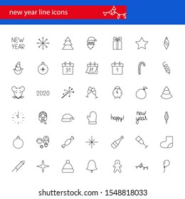 New year icons set. 42 outline signs. Holiday concept.