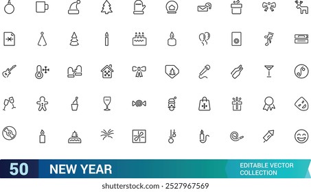 Conjunto de iconos de año Nuevo. Abstractas, feliz año nuevo, regalo, festival y más, colección de iconos web de línea delgada mínima. Trazo editable, Ilustración vectorial.