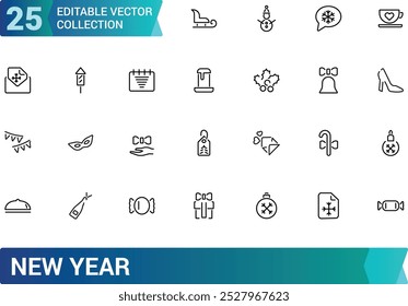 Conjunto de iconos de año Nuevo. Abstractas, feliz año nuevo, regalo, festival y más, colección de iconos web de línea delgada mínima. Trazo editable, Ilustración vectorial.