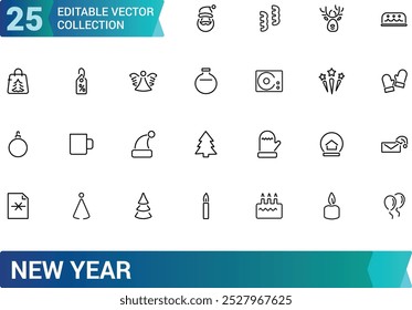 Conjunto de iconos de año Nuevo. Abstractas, feliz año nuevo, regalo, festival y más, colección de iconos web de línea delgada mínima. Trazo editable, Ilustración vectorial.