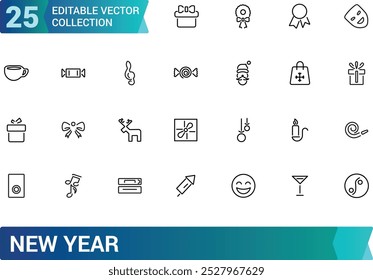 Conjunto de iconos de año Nuevo. Abstractas, feliz año nuevo, regalo, festival y más, colección de iconos web de línea delgada mínima. Trazo editable, Ilustración vectorial.