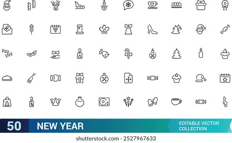 Conjunto de iconos de año Nuevo. Abstractas, feliz año nuevo, regalo, festival y más, colección de iconos web de línea delgada mínima. Trazo editable, Ilustración vectorial.