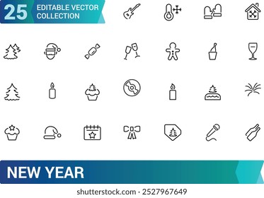 Conjunto de iconos de año Nuevo. Abstractas, feliz año nuevo, regalo, festival y más, colección de iconos web de línea delgada mínima. Trazo editable, Ilustración vectorial.