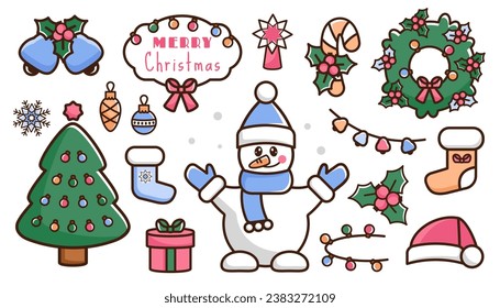 New Year icons. Set of cartoon color Christmas icon. Doodle holiday elements. Cute snowman, light, santa hat, Christmas socking, festive tree, wreath, jingle bells, holly, presents, candy cane. Vector