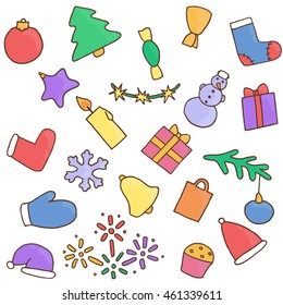 New year icons set. Christmas stickers. Collection of symbol eve. Fir-tree, snowman, candy, gift, present, bell, cap, felt boots, toy, tree, Christmas, snowflake, star, variegated, cake