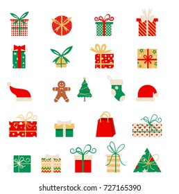 New year icons. Set of Christmas elements in a flat style. Vector Cartoon flat design. Vector set of different gift boxes.