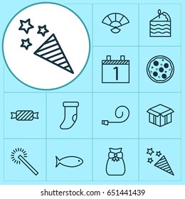 New Year Icons Set. Collection Of Fishing, Agenda, Fireplace Decoration And Other Elements. Also Includes Symbols Such As Firework, Meal, Sparkle.