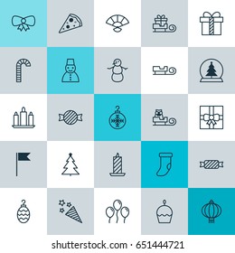 New Year Icons Set. Collection Of Firecracker, Tree Toy, Winter And Other Elements. Also Includes Symbols Such As Sled, Muffin, Globe.
