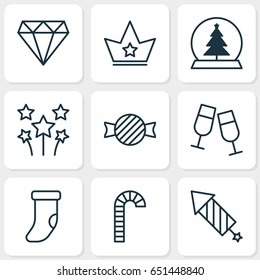 New Year Icons Set. Collection Of Lollipop, Corona, Firework And Other Elements. Also Includes Symbols Such As Princess, Christmas, Crown.