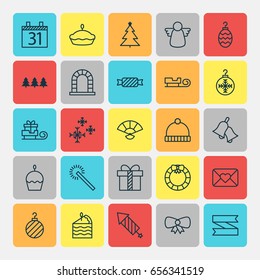 New Year Icons Set. Collection Of Blank Ribbon, Firework, Archangel And Other Elements. Also Includes Symbols Such As Toy, Toboggan, Pie.