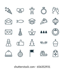 New Year Icons Set. Collection Of Fishing, Open Cardboard, Christmas Ball And Other Elements. Also Includes Symbols Such As Man, Aquatic, Wedding.