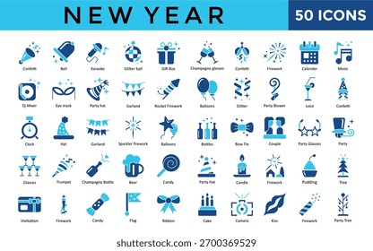New Year icons set with confetti, bell, karaoke, glitter ball, gift box, champagne glasses, firework, calender, music icon. Simple flat vector 
