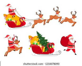 New Year icons set, deers and Christmas tree, Santa sledge vector icons on white background