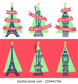 New Year Icons set, famous landmarks - Eiffel Tower, Statue of Liberty, Big Ben - with Christmas tree triangle silhouette on the background. For greeting cards, souvenirs, gifts, prints, gift packing