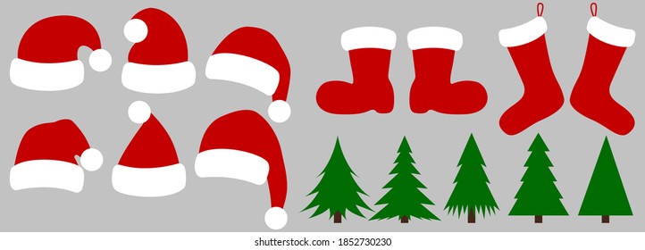 New year icons set. Set of red Santa hats, Christmas socks, boots, Christmas trees. Vector illustration EPS 10