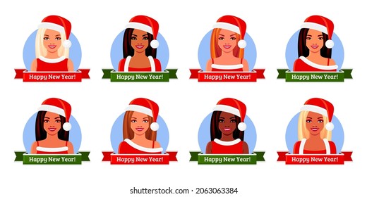 New year icons set with ribbons. Asian, Indian, African American and European smiling girls wearing Santa hat. Vector colorful illustrations isolated on white background