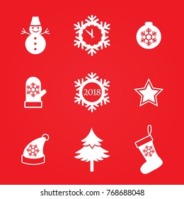 New Year icons with typical holiday elements. Vector illustration. Red.