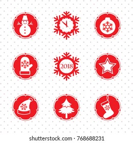 New Year icons with typical holiday elements. Vector illustration. Red.