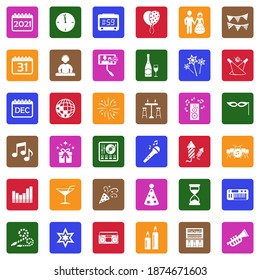 New Year Icons. White Flat Collection In Square. Vector Illustration.