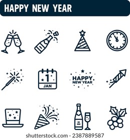 New Year icons. New Year's Eve vector set. Outline icon design. Happy new year