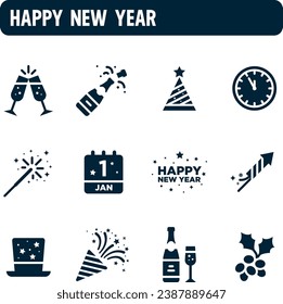 New Year icons. New Year's Eve vector set. Filled icon design. Happy new year